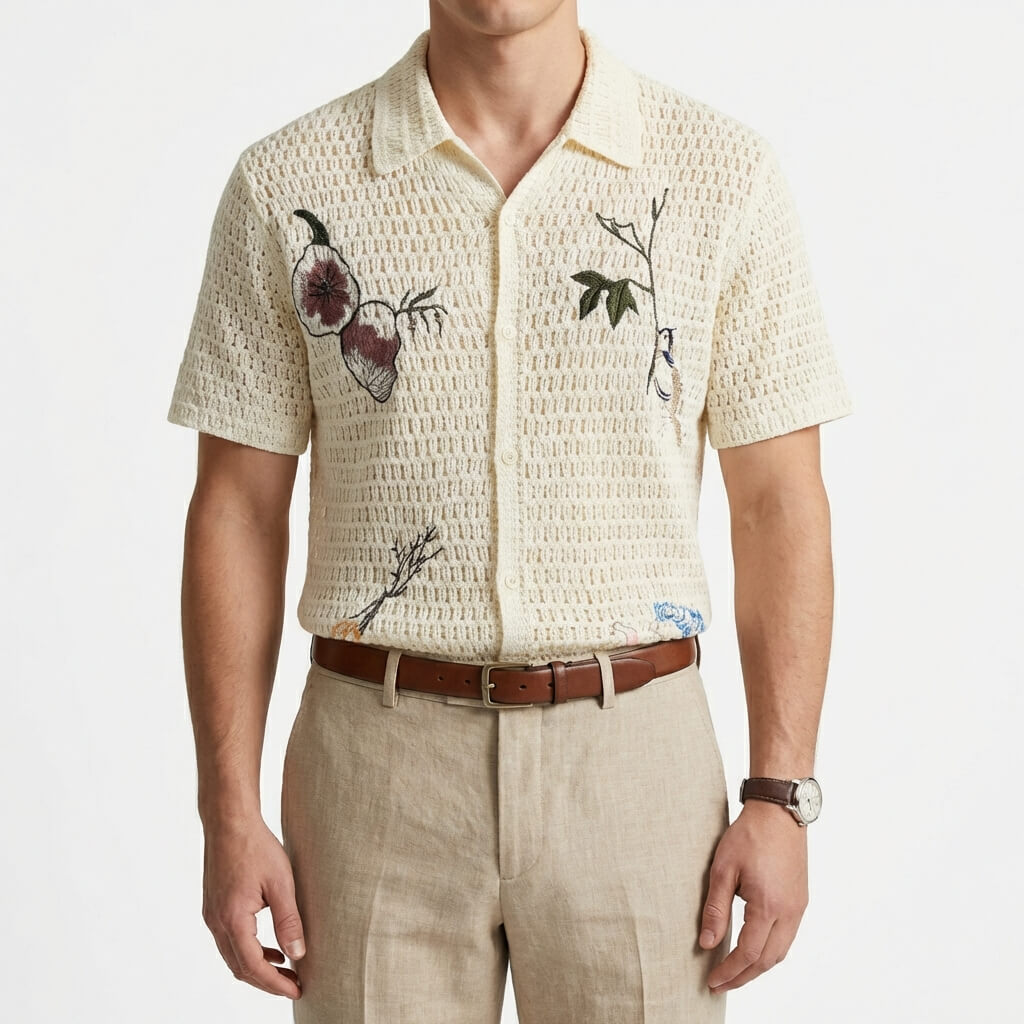 CAPRI | CAMISA HOMBRE DE CROCHET CALADA CON BORDADOS