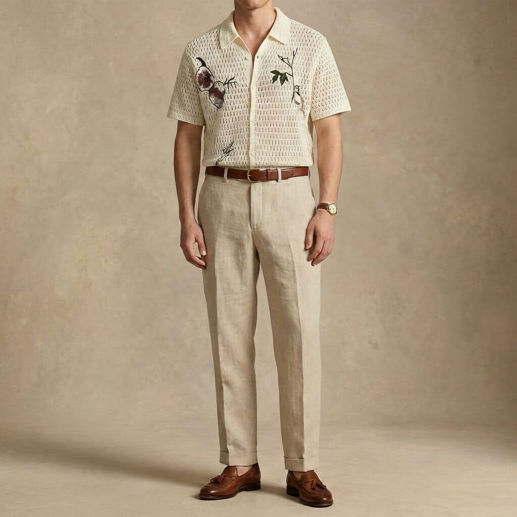 CAPRI | CAMISA HOMBRE DE CROCHET CALADA CON BORDADOS