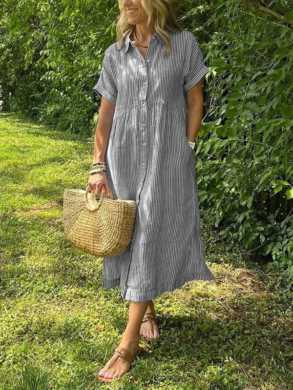 Carla | Vestido Midi Camisero de Rayas Mujer Manga Corta
