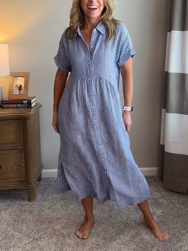 Carla | Vestido Midi Camisero de Rayas Mujer Manga Corta