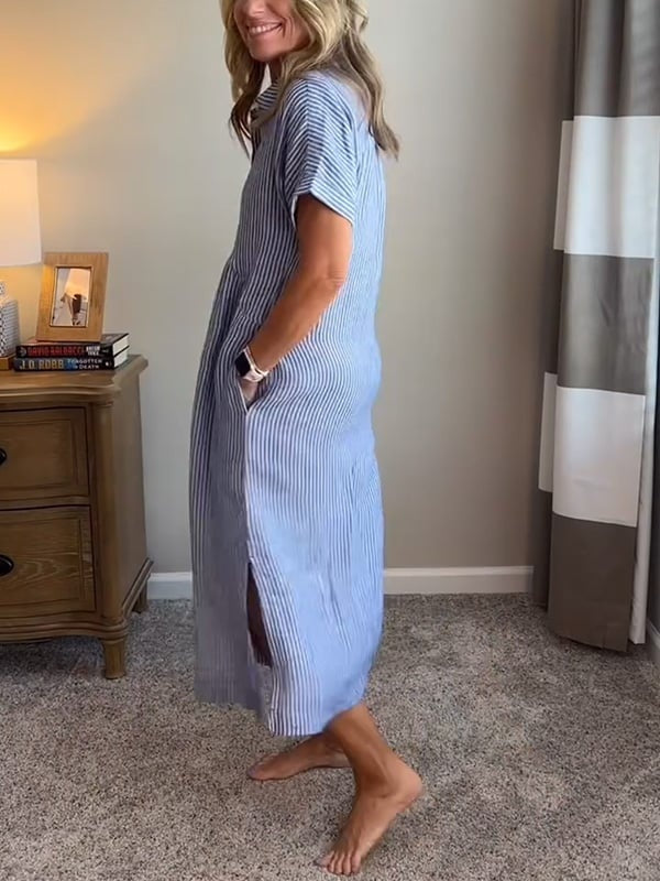 Carla | Vestido Midi Camisero de Rayas Mujer Manga Corta