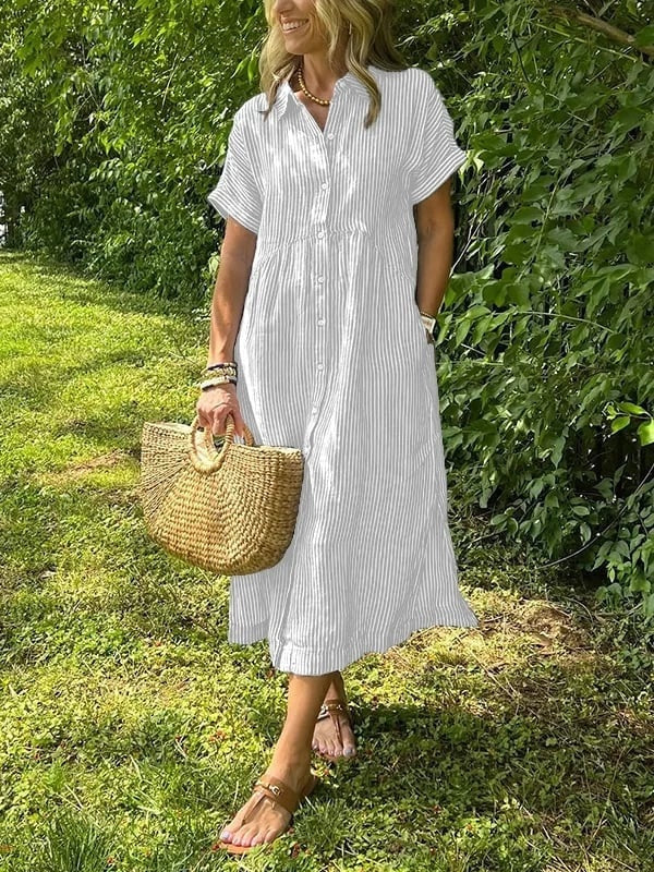Carla | Vestido Midi Camisero de Rayas Mujer Manga Corta