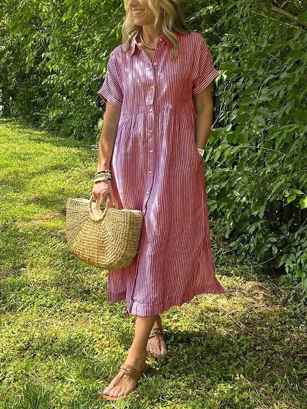 Carla | Vestido Midi Camisero de Rayas Mujer Manga Corta