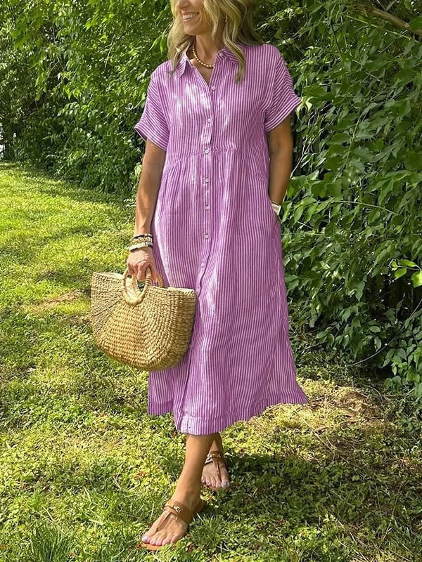 Carla | Vestido Midi Camisero de Rayas Mujer Manga Corta