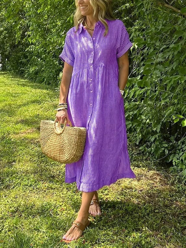 Carla | Vestido Midi Camisero de Rayas Mujer Manga Corta