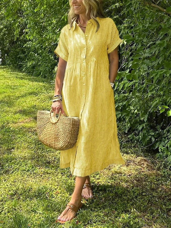 Carla | Vestido Midi Camisero de Rayas Mujer Manga Corta