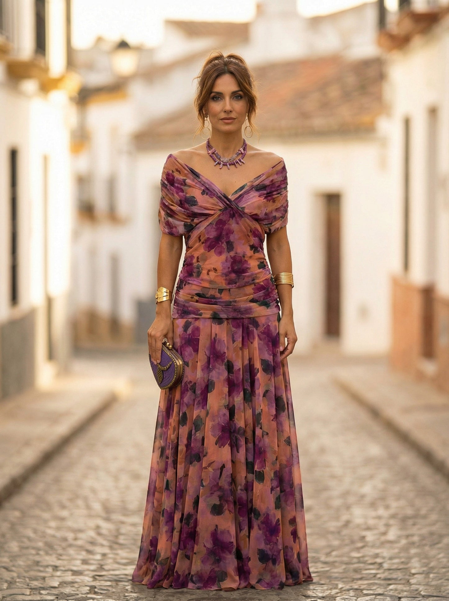 Carmela | Vestido Largo de Gala Hombros Descubiertos Mujer Plisado
