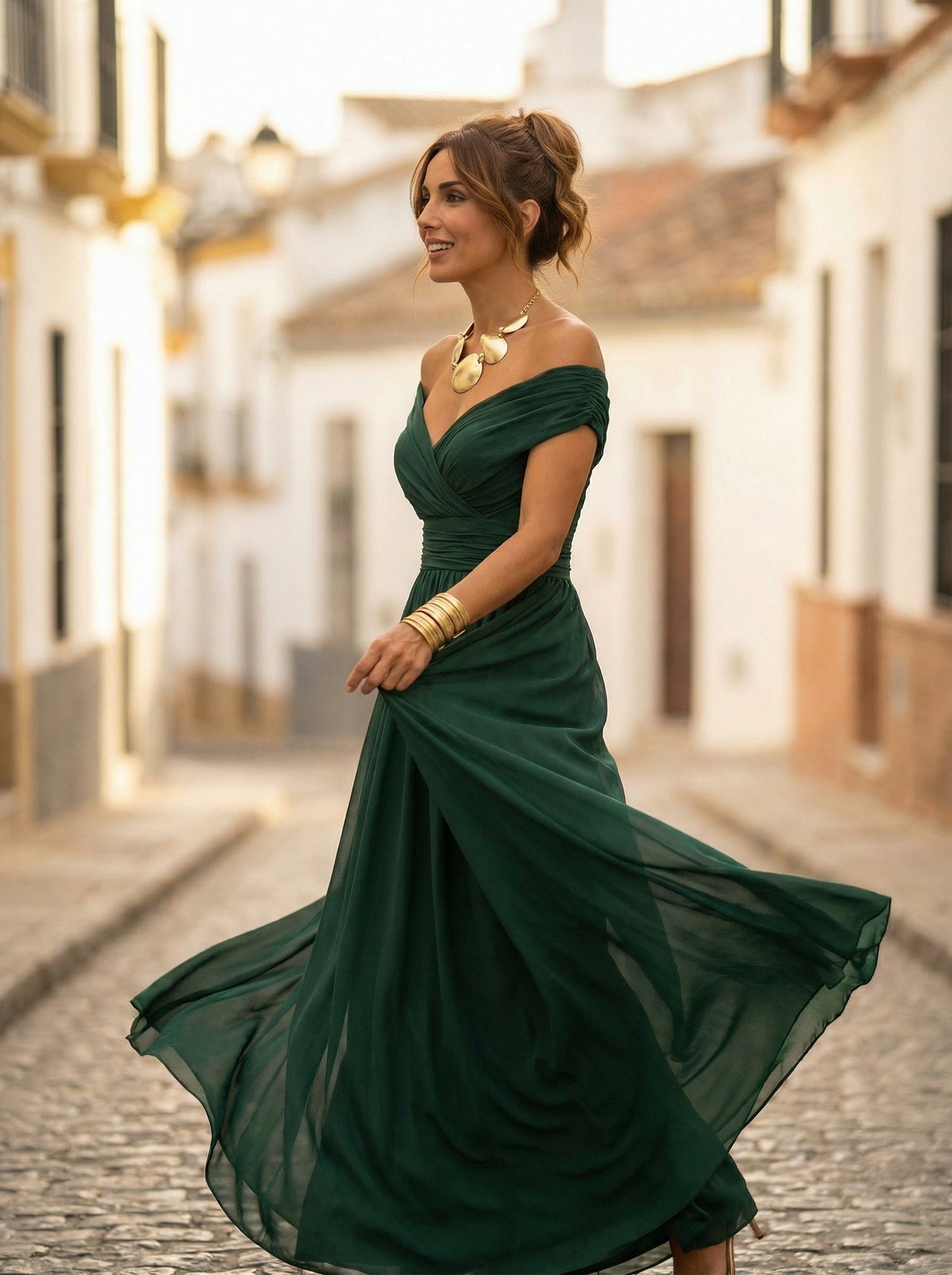 Carmela | Vestido Largo de Gala Hombros Descubiertos Mujer Plisado