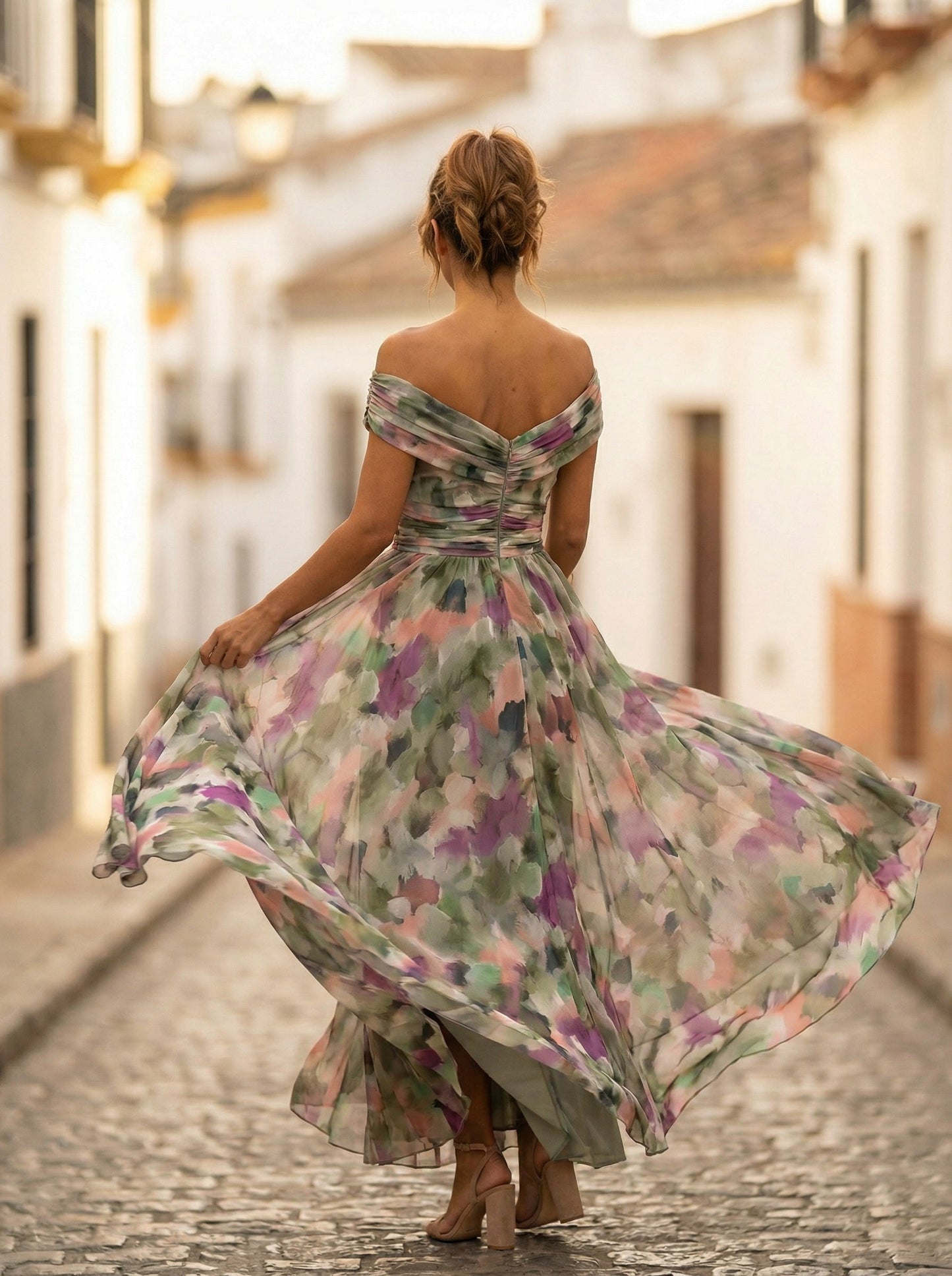 Carmela | Vestido Largo de Gala Hombros Descubiertos Mujer Plisado