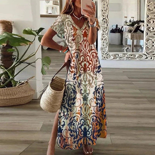 Cayetana | Vestido Largo Boho Mujer Manga Corta Escote V Abertura Lateral
