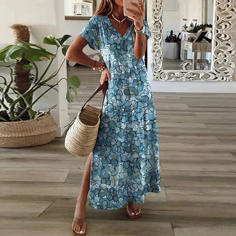 Cayetana | Vestido Largo Boho Mujer Manga Corta Escote V Abertura Lateral