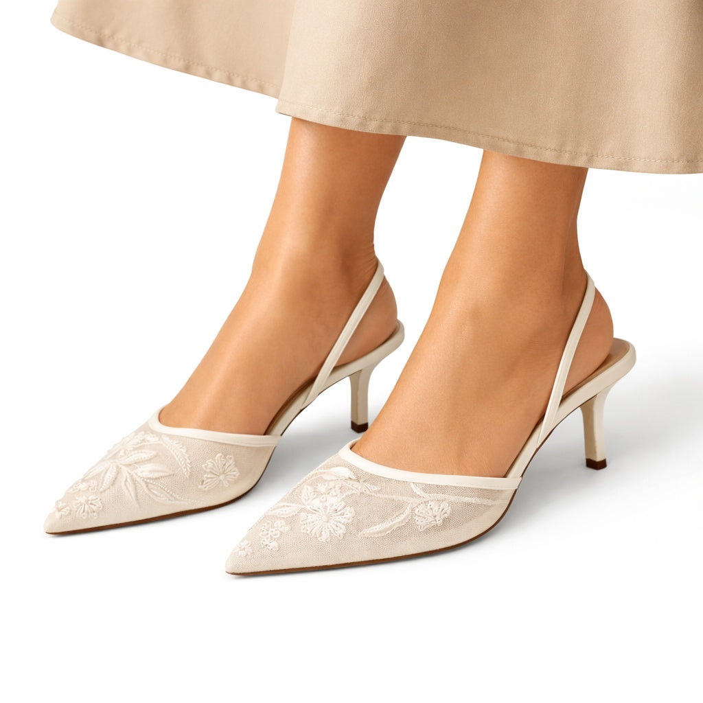 Cayetana | Zapatos Slingback de Tacón Kitten con Bordado Floral Mujer Punta Fina