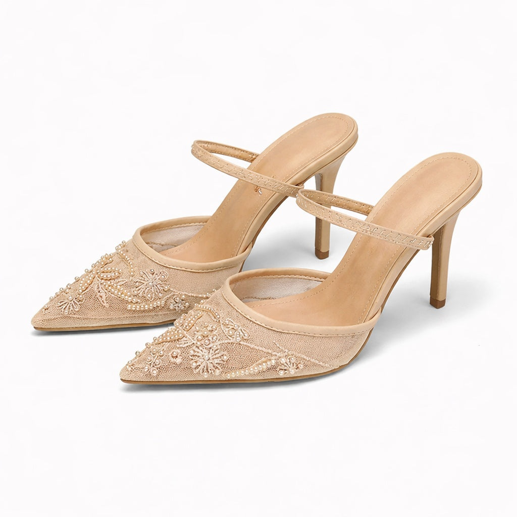 Cayetana | Zapatos Slingback de Tacón Kitten con Bordado Floral Mujer Punta Fina