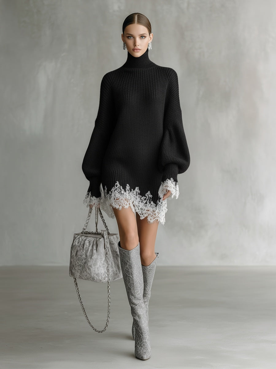 Celeste | Vestido Corto de Punto de Otoño Cuello Alto Mujer Encaje y Manga Larga