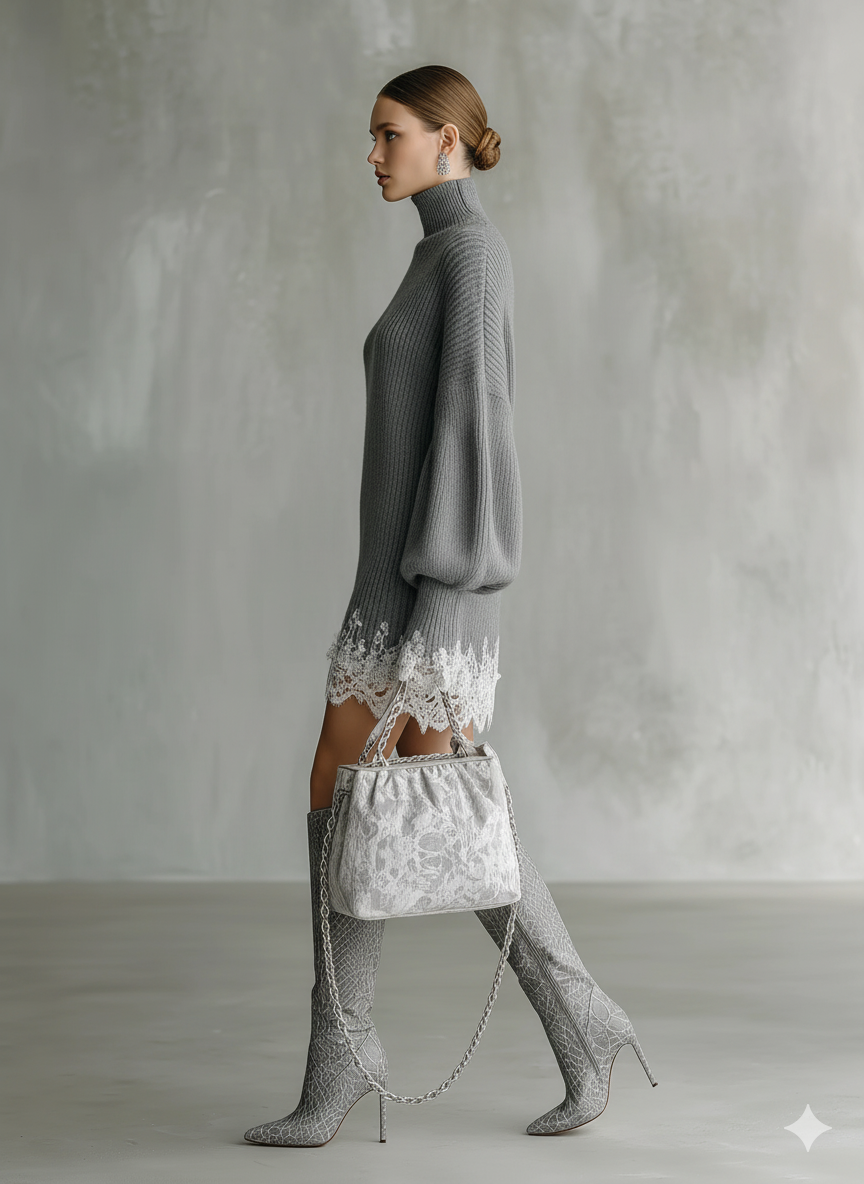 Celeste | Vestido Corto de Punto de Otoño Cuello Alto Mujer Encaje y Manga Larga