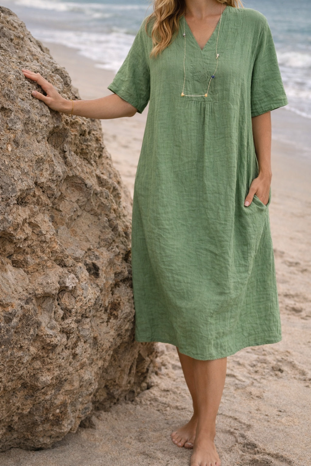 Concha | Vestido Midi de Lino con Escote en V Mujer Manga Corta