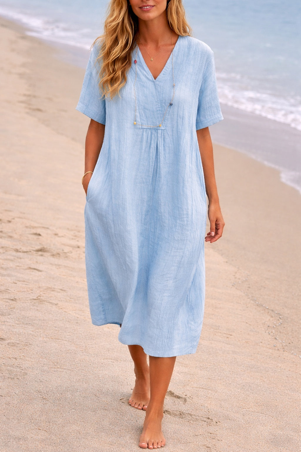 Concha | Vestido Midi de Lino con Escote en V Mujer Manga Corta