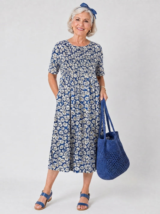 Consuelo | Vestido Floral Midi con Bolsillos Mujer Manga Corta