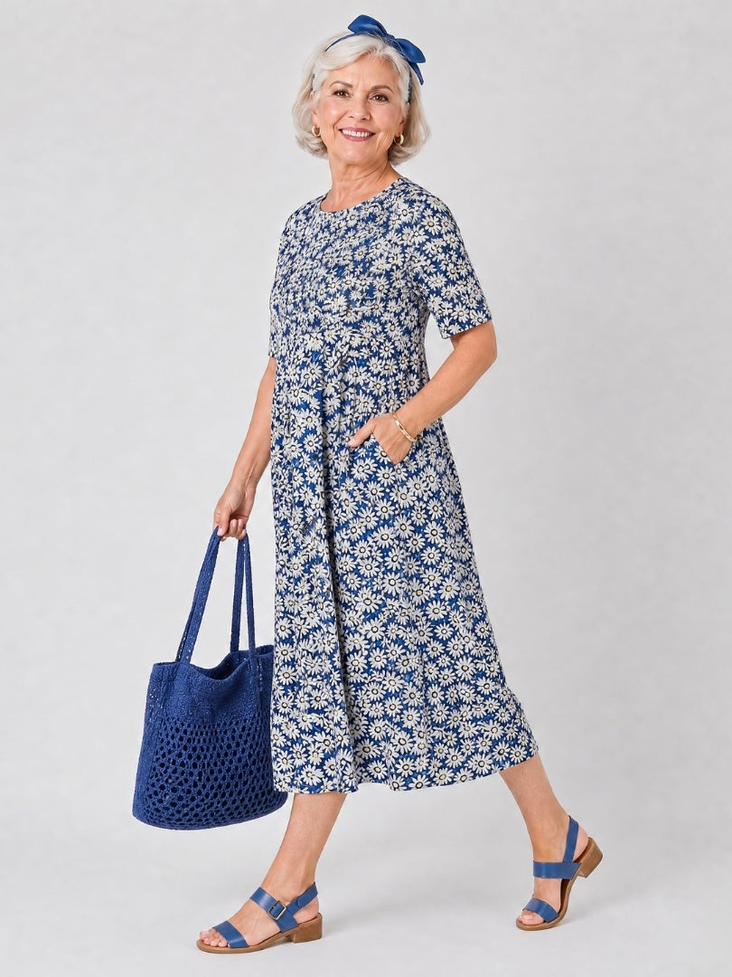 Consuelo | Vestido Floral Midi con Bolsillos Mujer Manga Corta