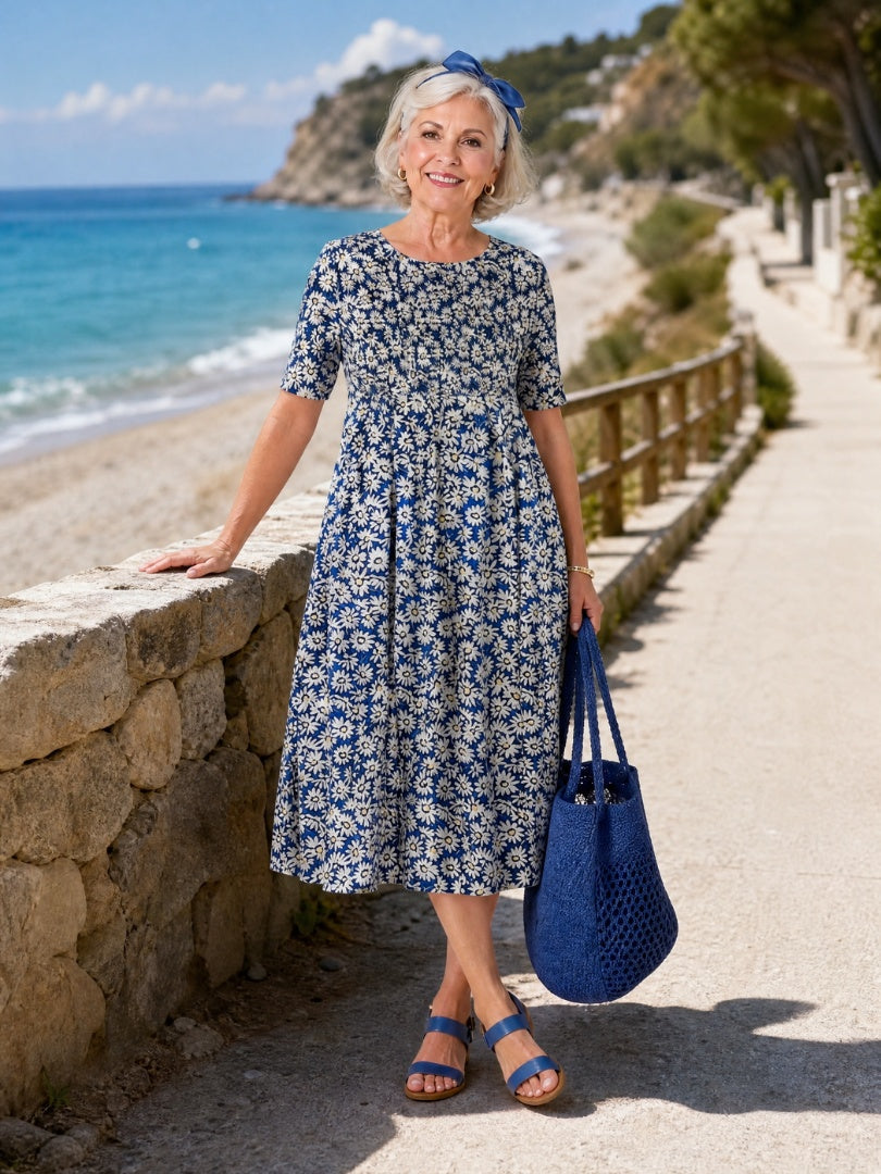 Consuelo | Vestido Floral Midi con Bolsillos Mujer Manga Corta