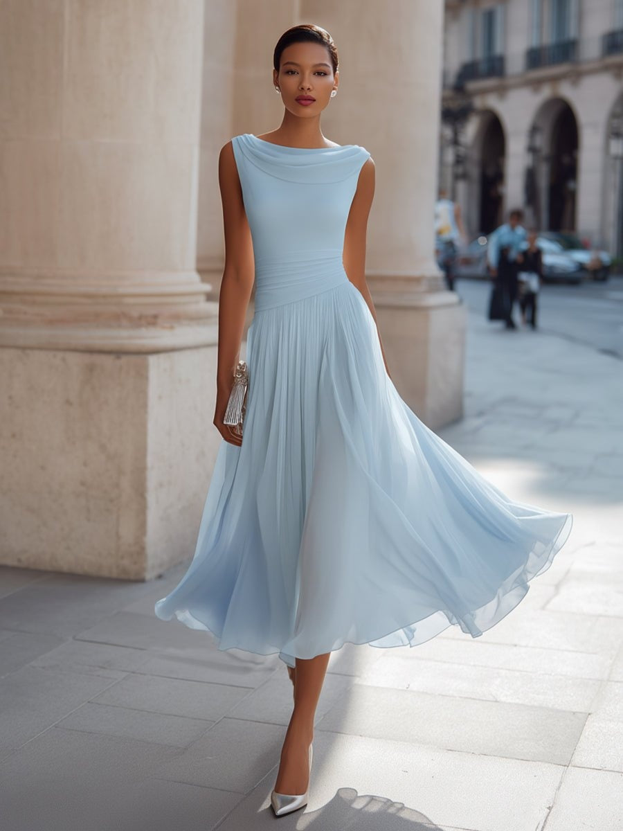 Aitana | Vestido de Boda de Día Midi Drapeado Mujer Falda Fluida Sin Mangas