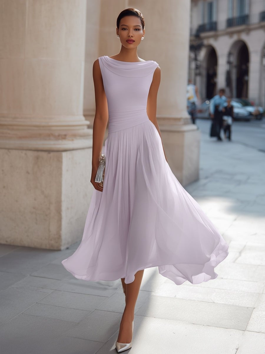 Aitana | Vestido de Boda de Día Midi Drapeado Mujer Falda Fluida Sin Mangas
