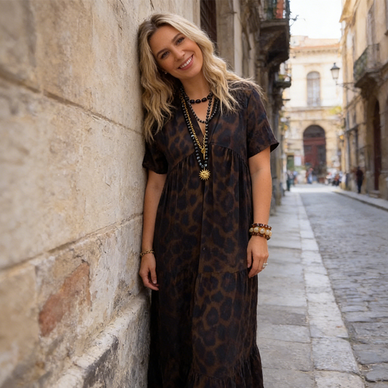 Cristina | Vestido Largo Estampado Animal Print Mujer Manga Corta Escote V