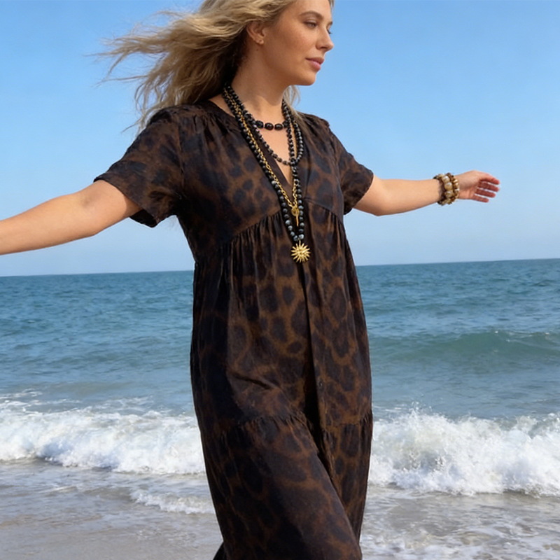 Cristina | Vestido Largo Estampado Animal Print Mujer Manga Corta Escote V