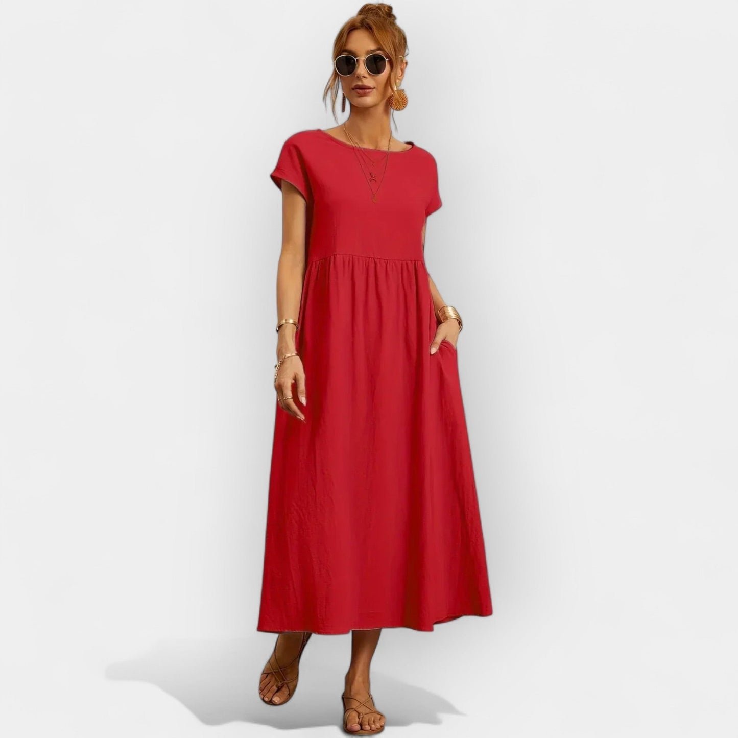 Dolores | Vestido Midi Casual con Bolsillos Mujer Manga Corta