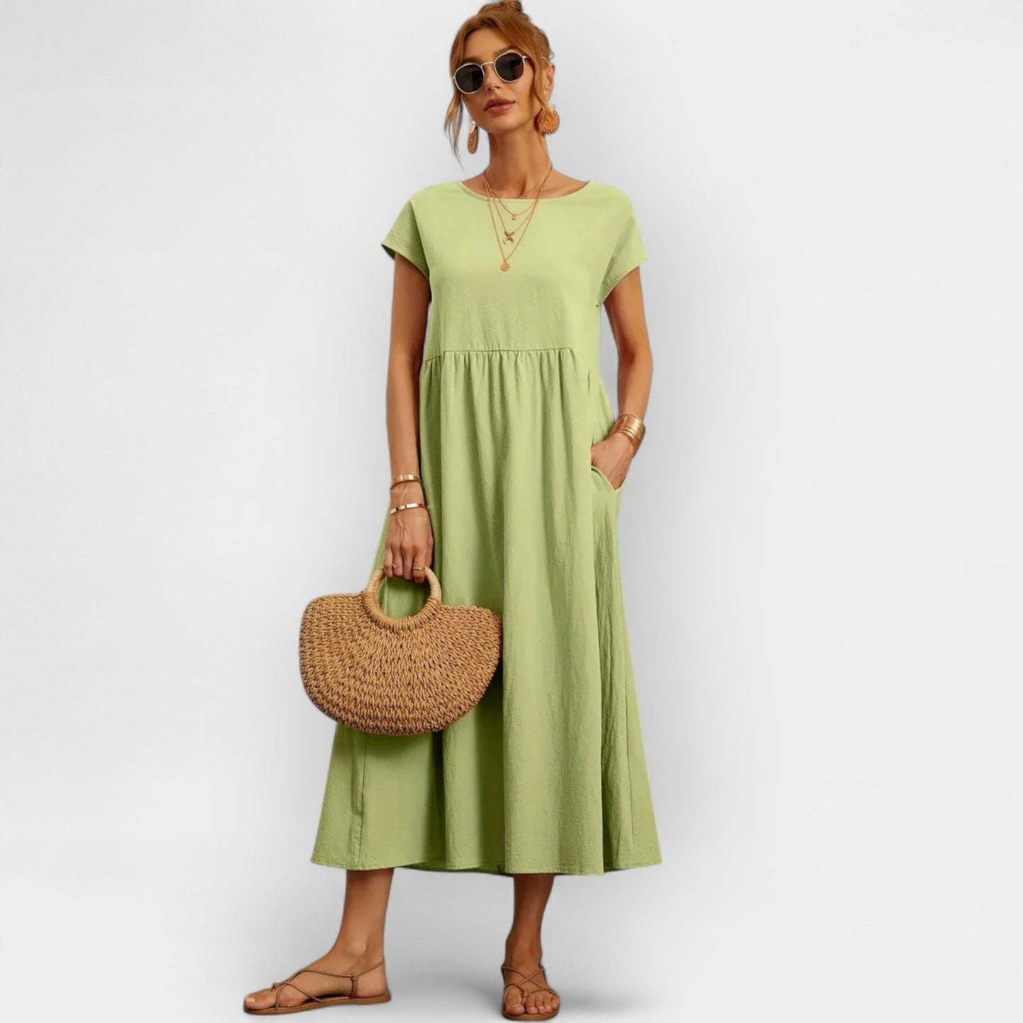 Dolores | Vestido Midi Casual con Bolsillos Mujer Manga Corta