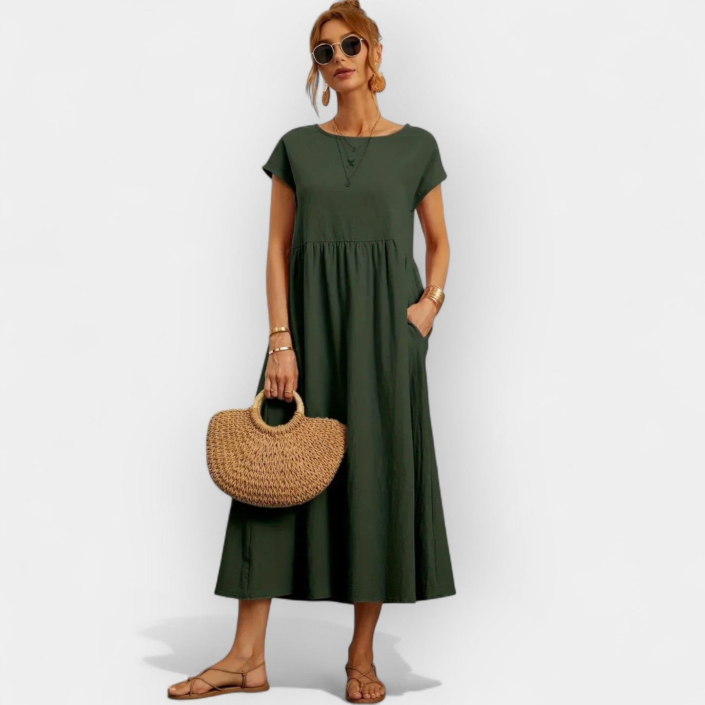 Dolores | Vestido Midi Casual con Bolsillos Mujer Manga Corta