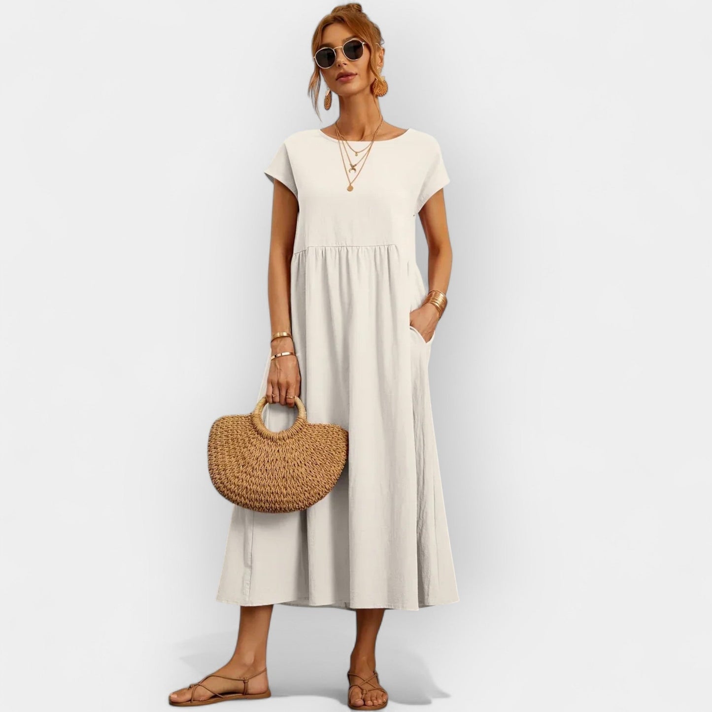 Dolores | Vestido Midi Casual con Bolsillos Mujer Manga Corta