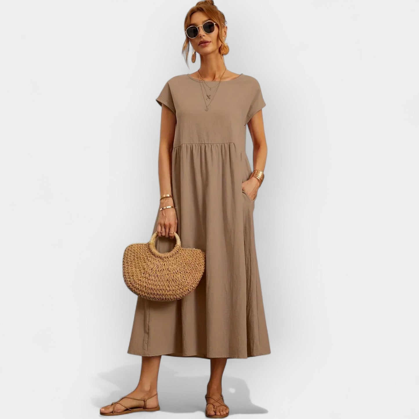 Dolores | Vestido Midi Casual con Bolsillos Mujer Manga Corta