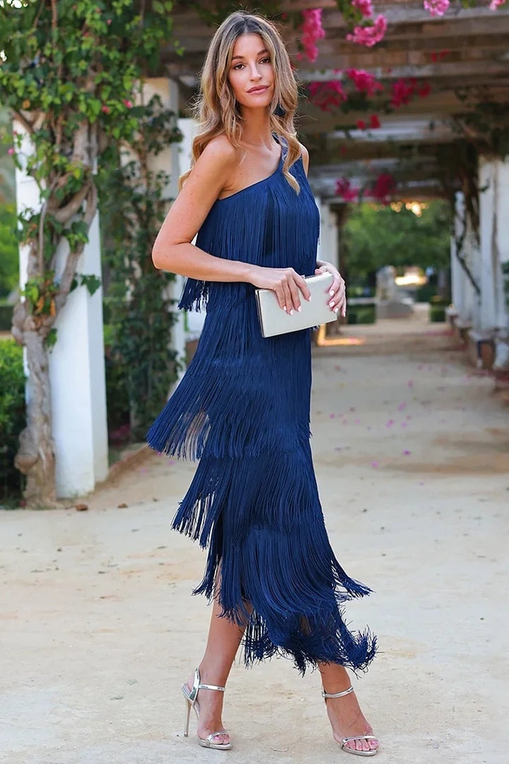 Esperanza | Vestido Largo Elegante Asimétrico de Un Hombro Mujer Flecos