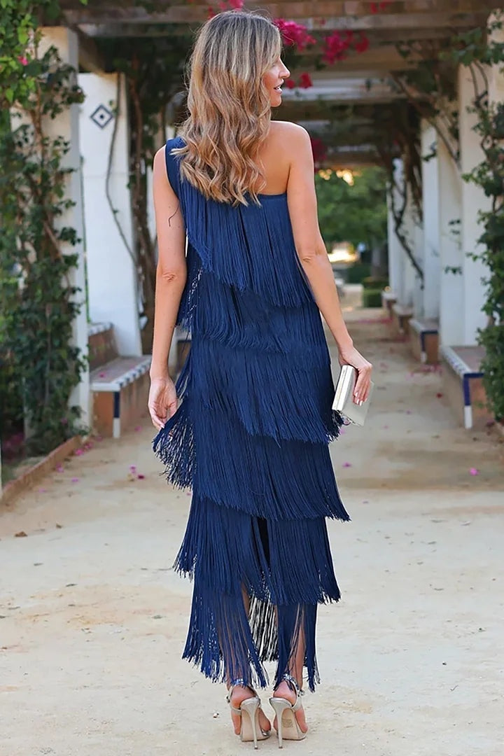 Esperanza | Vestido Largo Elegante Asimétrico de Un Hombro Mujer Flecos