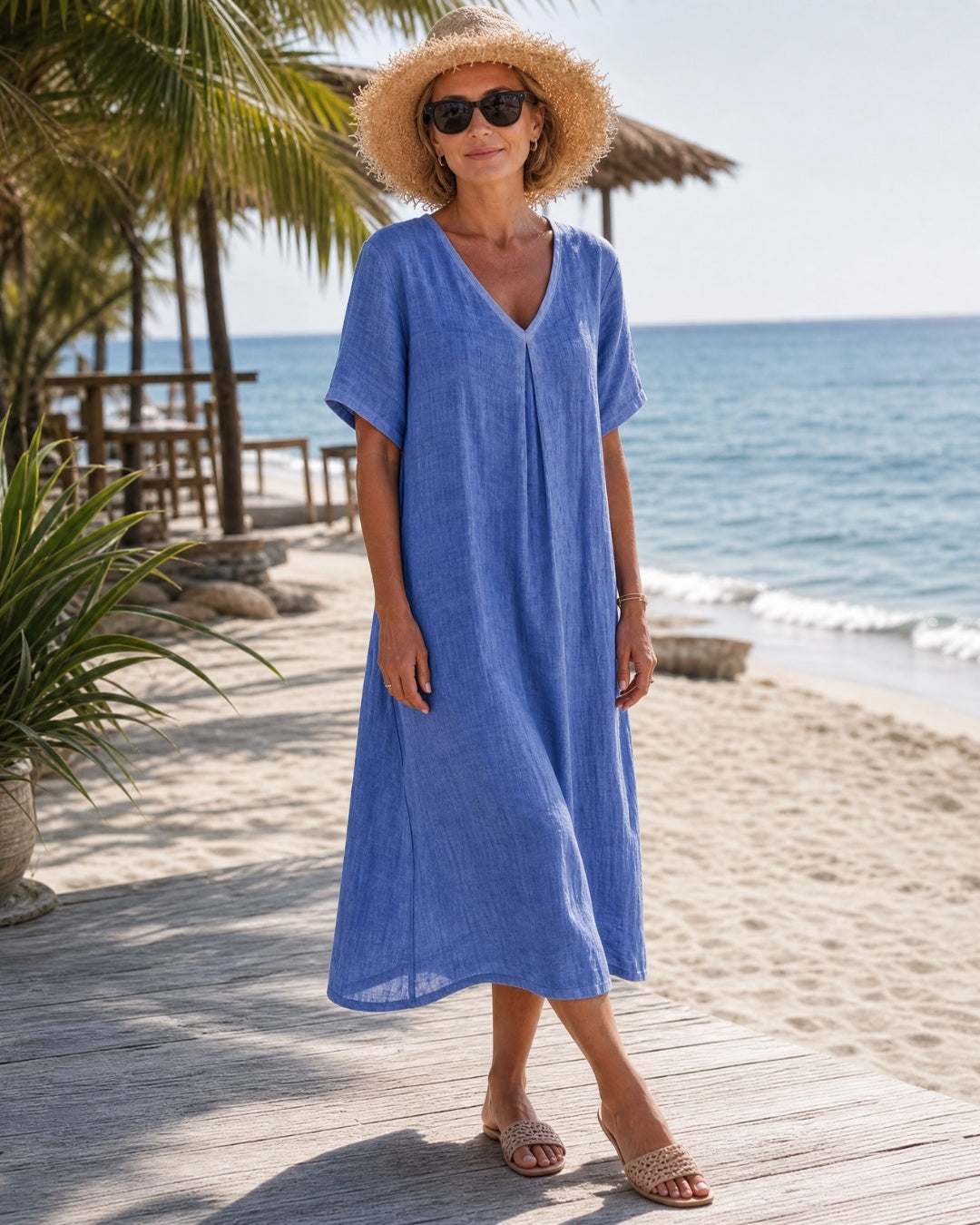 Inés | Vestido Largo de Verano Casual Mujer Escote V Manga Corta