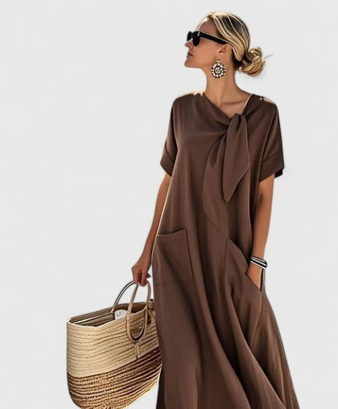 Inés | Vestido Largo Suelto con Lazo al Cuello Mujer Bolsillos