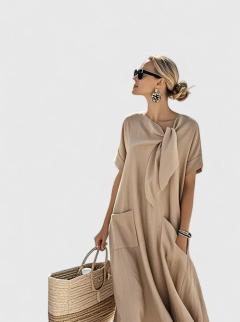 Inés | Vestido Largo Suelto con Lazo al Cuello Mujer Bolsillos