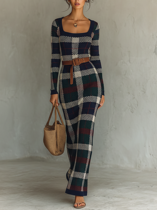 Irene | Vestido Largo de Punto de Otoño Mujer Cuello Cuadrado Cinturón