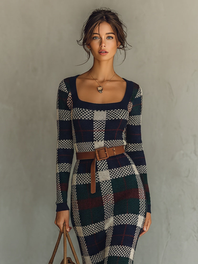 Irene | Vestido Largo de Punto de Otoño Mujer Cuello Cuadrado Cinturón