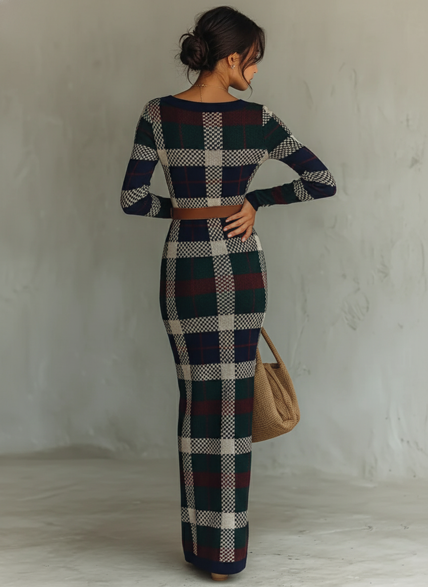Irene | Vestido Largo de Punto de Otoño Mujer Cuello Cuadrado Cinturón