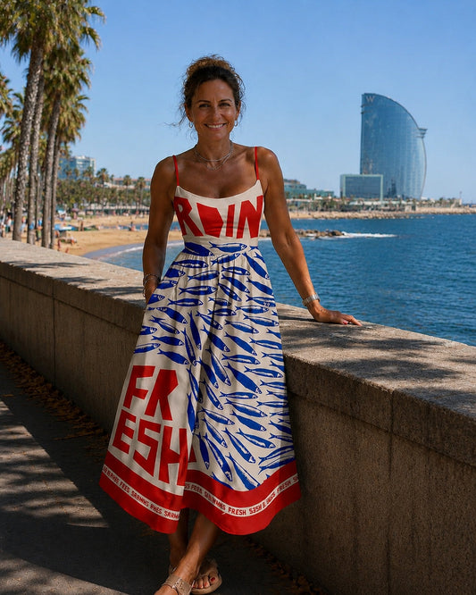 Laia | Vestido Midi Estampado con Tirantes Mujer Falda Vuelo