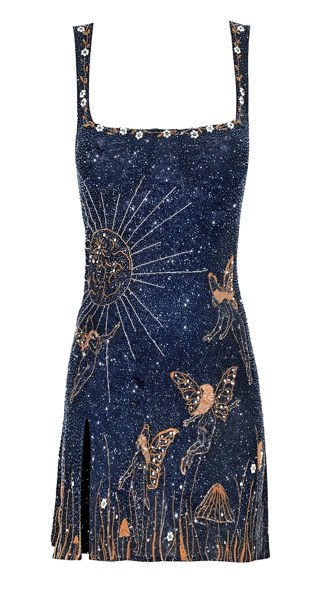 Leire | Vestido Corto de Fiesta Mujer Bordado Mariposas Escote Cuadrado