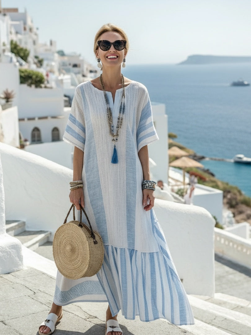 Lorena | Vestido Largo Boho Mujer Rayas Manga Corta Volante