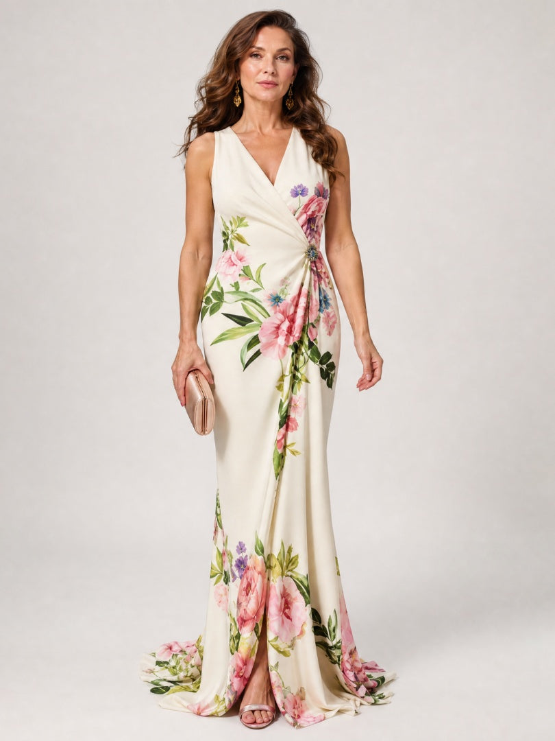Macarena | Vestido Largo de Madrina Floral Mujer Escote V Sin Mangas