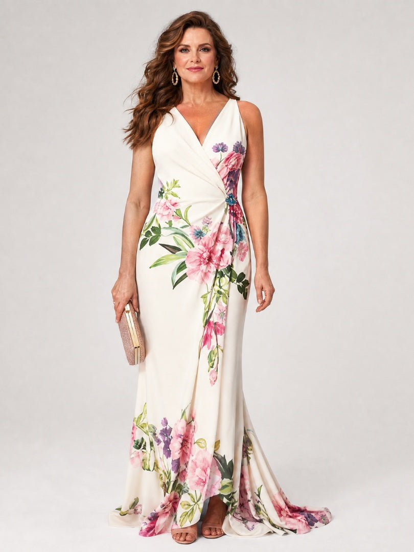 Macarena | Vestido Largo de Madrina Floral Mujer Escote V Sin Mangas
