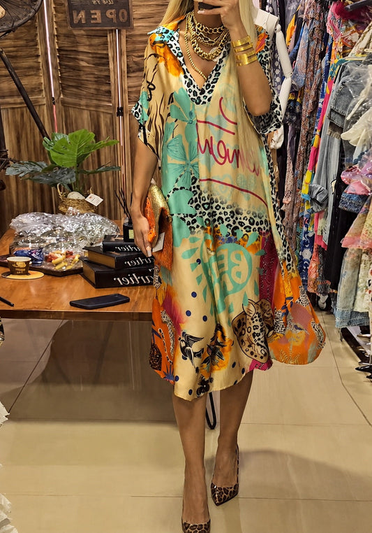 Macarena | Vestido Midi de Verano Mujer Estampado Oversize Escote V
