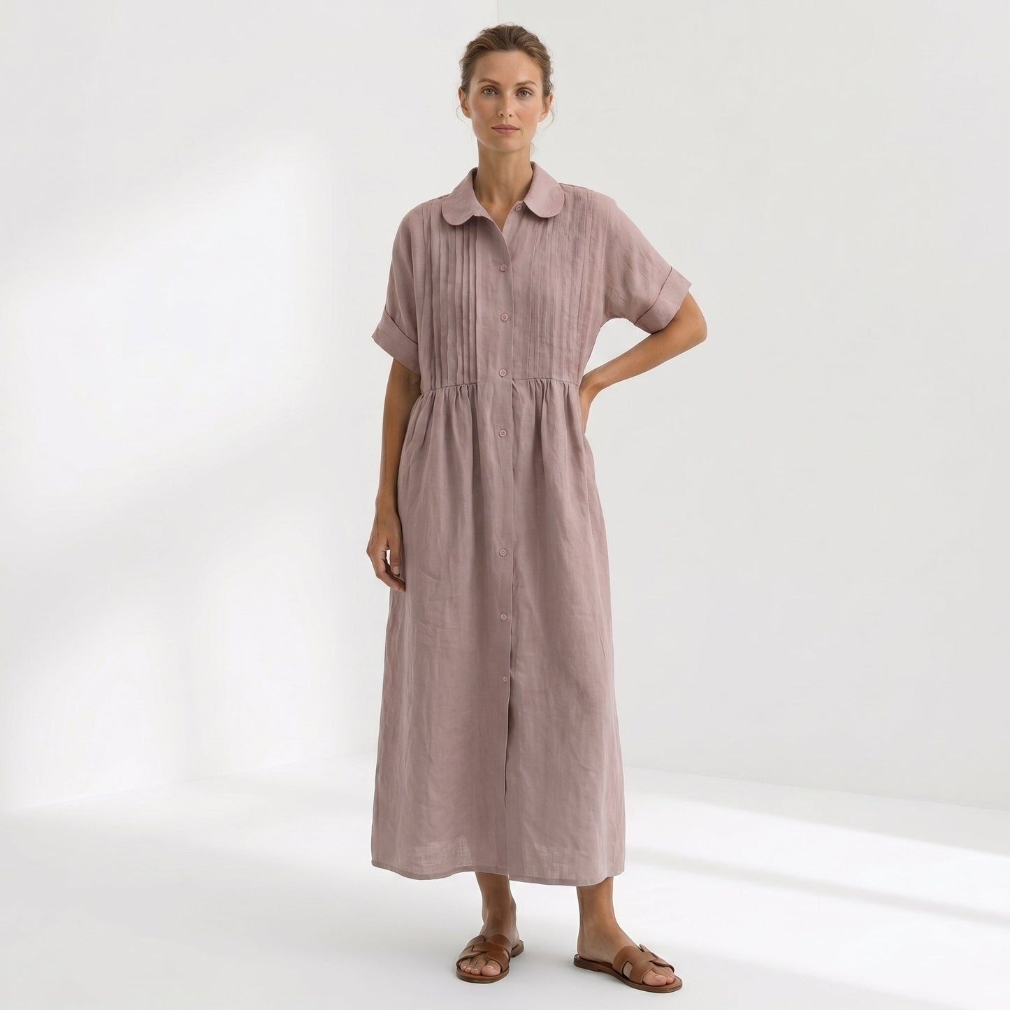 Margarita | Vestido Largo Camisero de Lino Mujer Pliegues Frontales