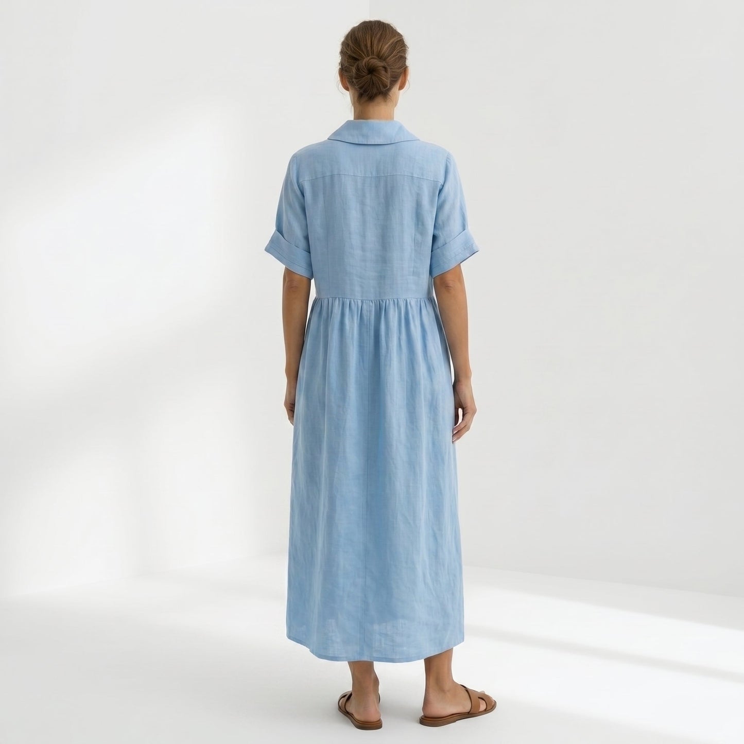Margarita | Vestido Largo Camisero de Lino Mujer Pliegues Frontales