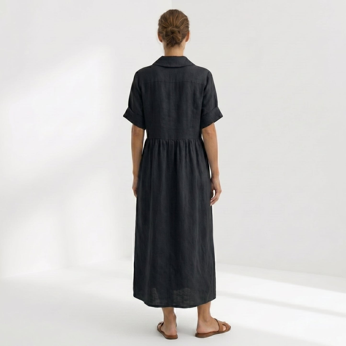 Margarita | Vestido Largo Camisero de Lino Mujer Pliegues Frontales